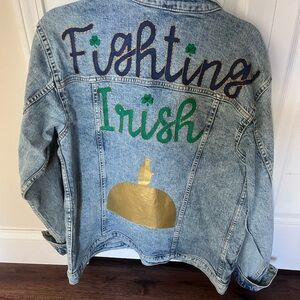 Hand stitched, customized Fighting Irish denim jacket